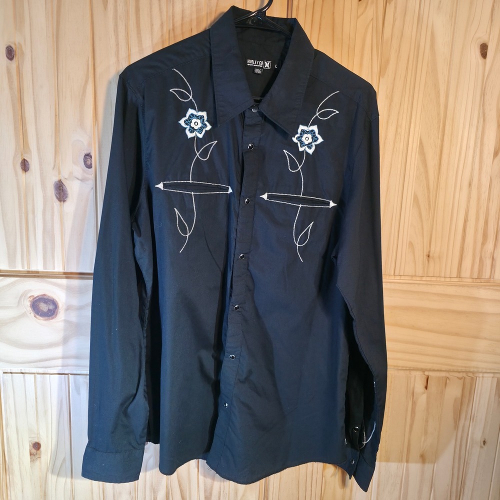 Western Rockabilly Hurley Mens L Black Floral Embroidered Snap Button Shirt